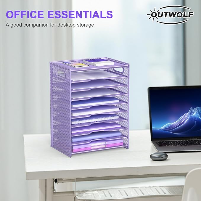 OUTWOLF 10 Tier Paper Organizer - Letter Tray Mesh Desk File Organizer with Handles for Office School Desktop, Purple