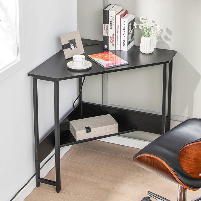 Tangkula Corner Desk with Power Outlet & USB Ports, Triangle Computer Desk with Charging Station, Storage Shelf, Space Saving Writing Desk, Vanity Table, Corner Desk for Small Space (Black)
