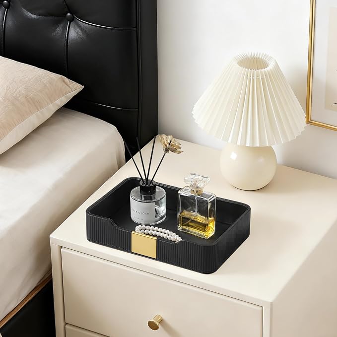 Valet Tray Desktop Storage Organizer, PU Leather Catchall Bedside Vanity Tray with Brass Accents Block Nightstand Organizer for Keys Watch Wallet Phone, Decorative Nightstand Storage (Black)