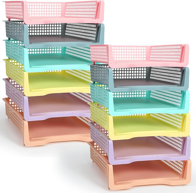 Tenceur 12 Pcs Turn in Trays Classroom, Stackable Tray for Classroom Plastic Storage Baskets Teacher Organizers for Library Drawers Office Desk, 13.3 x 9.5 x 2.7 Inches (Pastel Colors)