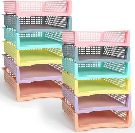 Tenceur 12 Pcs Turn in Trays Classroom, Stackable Tray for Classroom Plastic Storage Baskets Teacher Organizers for Library Drawers Office Desk, 13.3 x 9.5 x 2.7 Inches (Pastel Colors)