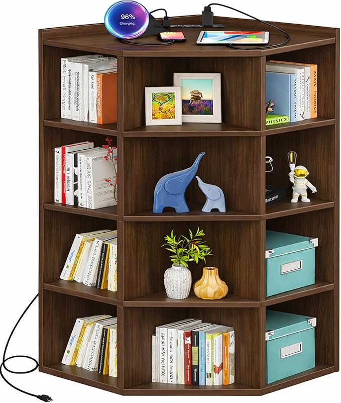 Aheaplus Corner Cabinet, 5-Tier Corner Bookshelf with Power Outlets, Corner Cube Storage Shelf with Top Table, Wooden L Shaped Cubby Toy Storage for Home Office, Bedroom, Living Room, Black Walnut