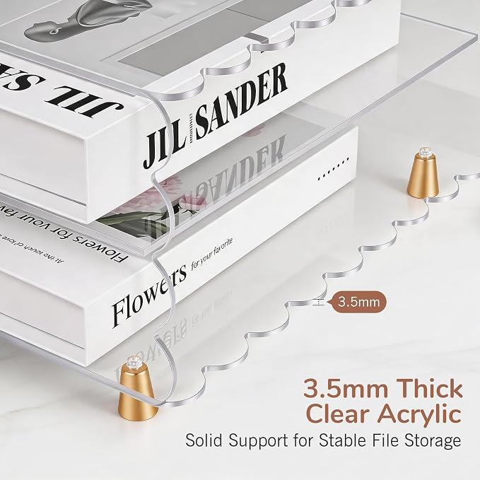 2+1 Tier Paper Letter Tray,Acrylic Desk Organizer with Scalloped Edge& Gold Metal Feet,Top Display Design,Space Saving Clear Organizer for Women, A4 File, Letter, Books,Notes,Home & Office