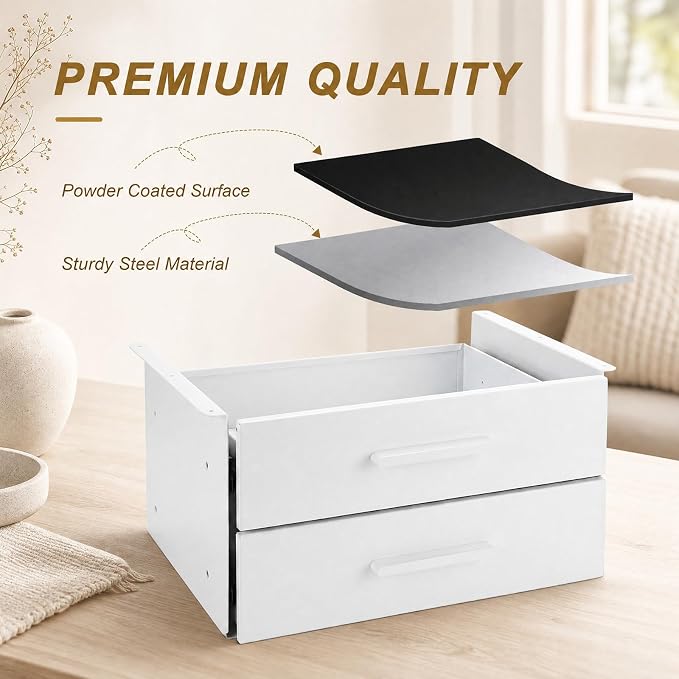 Menkxi 16'' Under Desk Drawer Slide-out Steel Under Counter Drawers Storage Organizer Large Hidden Pull-out Tray for Table Desks Home Office Workstation(White,2 Layer)