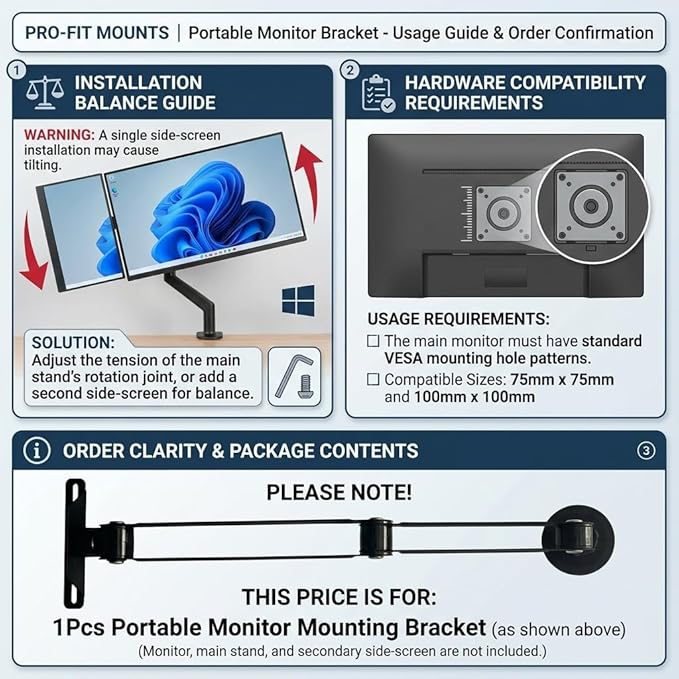1Pcs Magnetic Side Arm Portable Monitor Mount, Adjustable Full Metal VESA Extension Arms for Triple Screen Setup, Portable Monitor Holder Side Arm Bracket for 10"-18" Tablets and External Displays