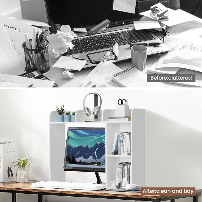 Desk Hutch Dorm White, 3-Tire Wood Desk Shelf Storage Organizer for Office Home
