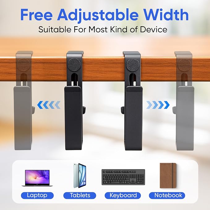 OOKUU Adjustable Desk Side Laptop Holder, No Drill Laptop Side Desk Mount, Hanging Side Desk Laptop Stand, Non-Slip Scratch-Resistant Pad（Black）