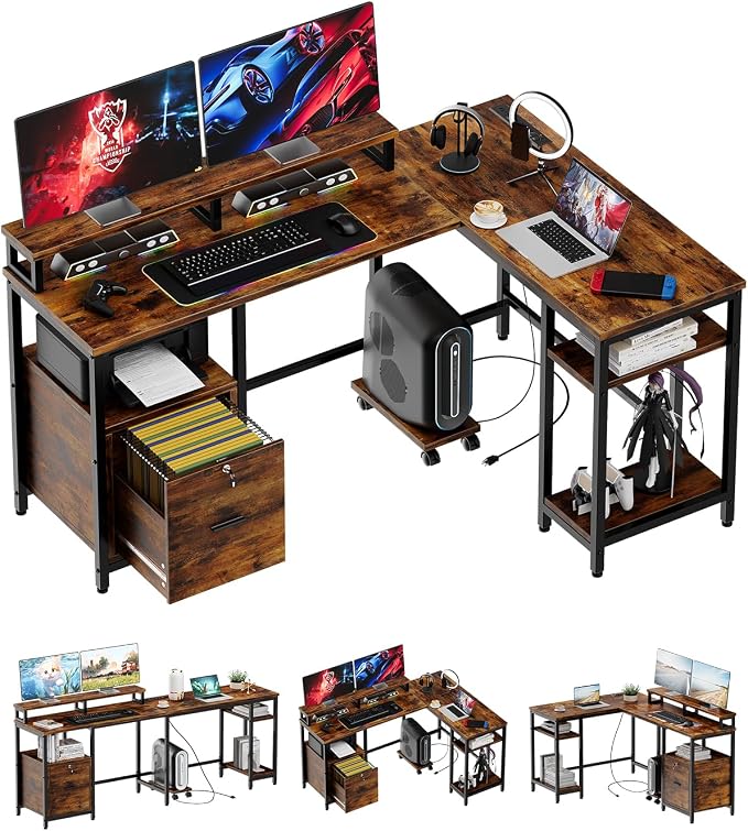 IDEALHOUSE Corner L-Shaped Computer Desk, Built-in Power Outlet & File Storage Drawer, with Monitor Shelf, Printer Storage, Mobile CPU Stand, for Home Office and Ergonomic Gaming Setup, Vintage Brown