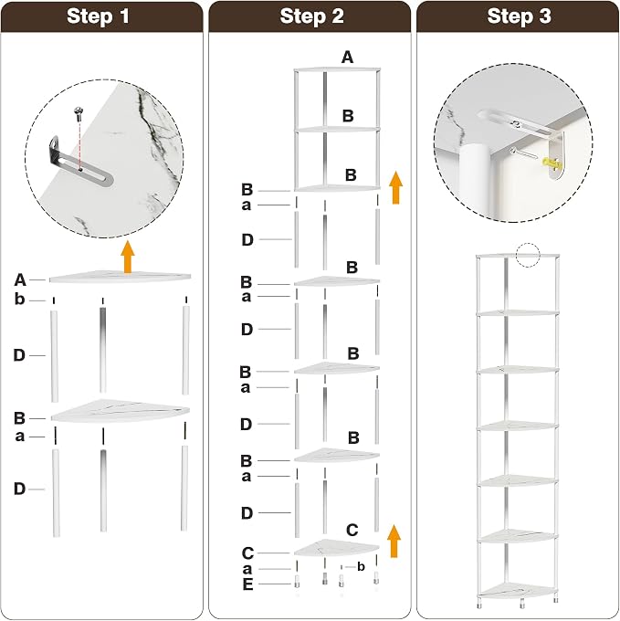 7 Tier Corner Shelf Stand Kitchen Organizer with Metal Frame for Organization & Storage Corner Shelves Kitchen Decor Accessories Marble White 64.7"