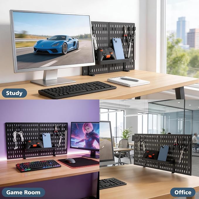 Gaming Desk Organizer - Clamp-on Desk Pegboard, No Drill Desk Side Storage with 5 Hooks and 1 Tray, Detachable Gaming Pegboard for Office & Home Desktop Organizer