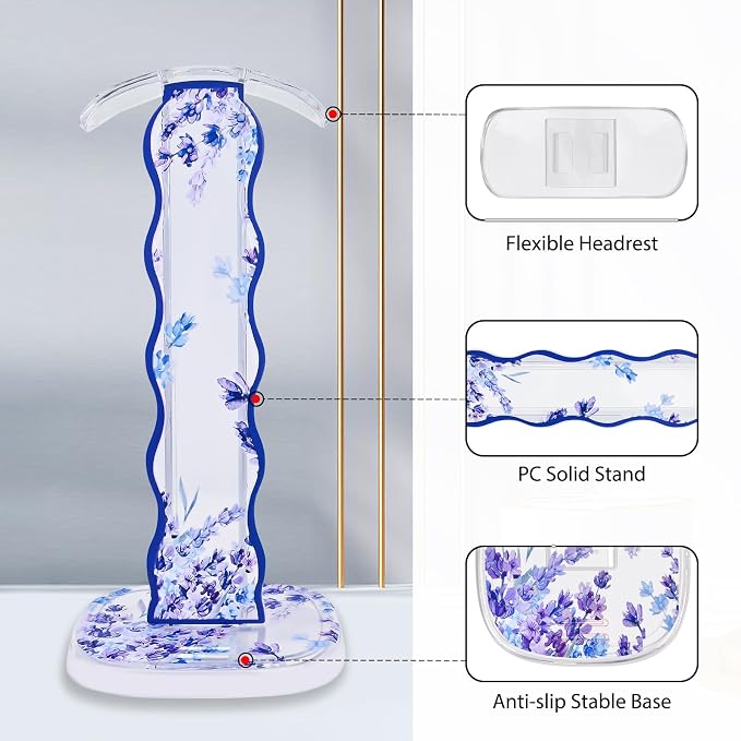 CamyCosy Headphone Stand Gaming Headset Holder for Desk,Unique Purple Lavender Flowers Pattern Clear Cellphone Stand Earphone Stand Desk Accessories for All Headphones Size