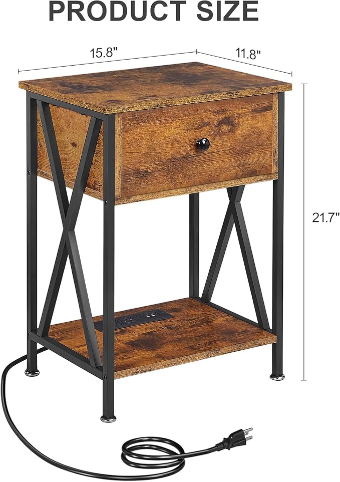 VECELO Nightstand Set of 2,End Tables with Charger Station,Bed Side Table with Open Shelf &USB Ports & Outlets,Small Dresser for Bedroom, Living Room,Rustic Brown