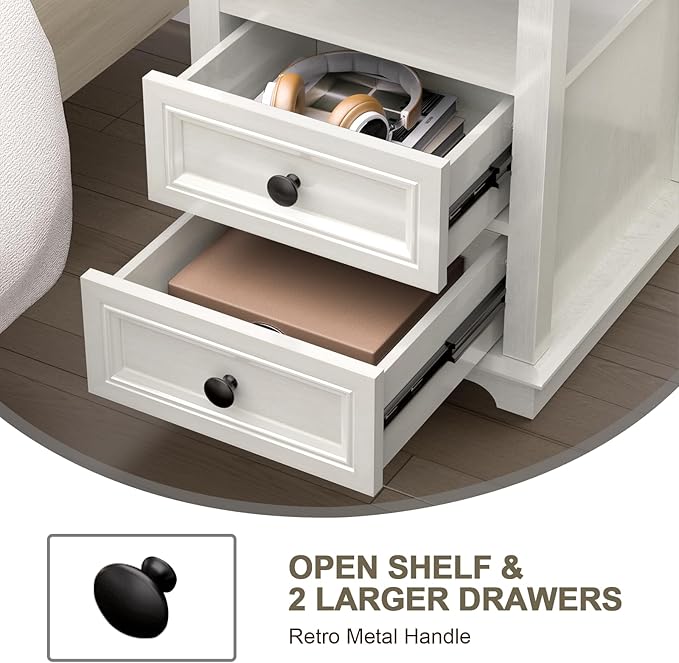 REDAYFUR End Table with Fast USB C Charging Station, 18" Wide Tall Sofa Side Table with 2 Drawers, Large Storage Rustic Wood Square Storage Cabinet for Living Room,Bedroom,Office, White