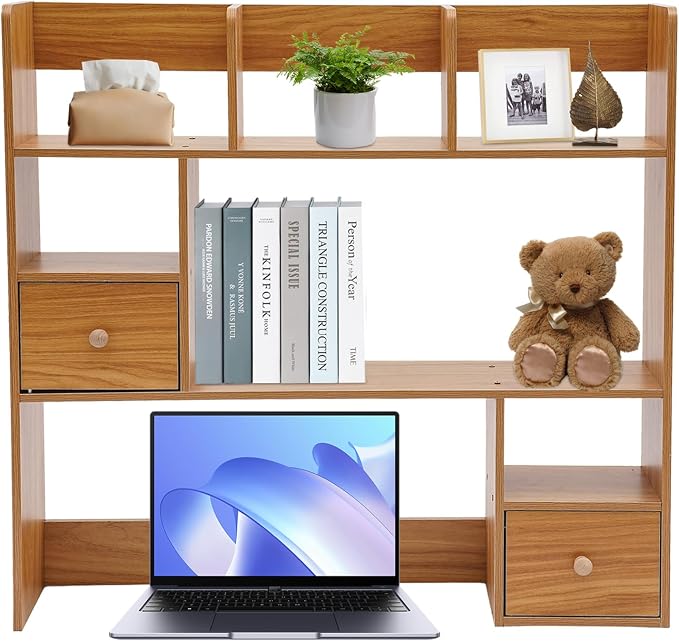 Desk Shelf, Wooden Office Desktop Display Organizer Rack with Handles, Adjustable 9 Compartment Storage Rack, Space Saving Desktop Bookshelf for Office Home Dorm (Pine Color)