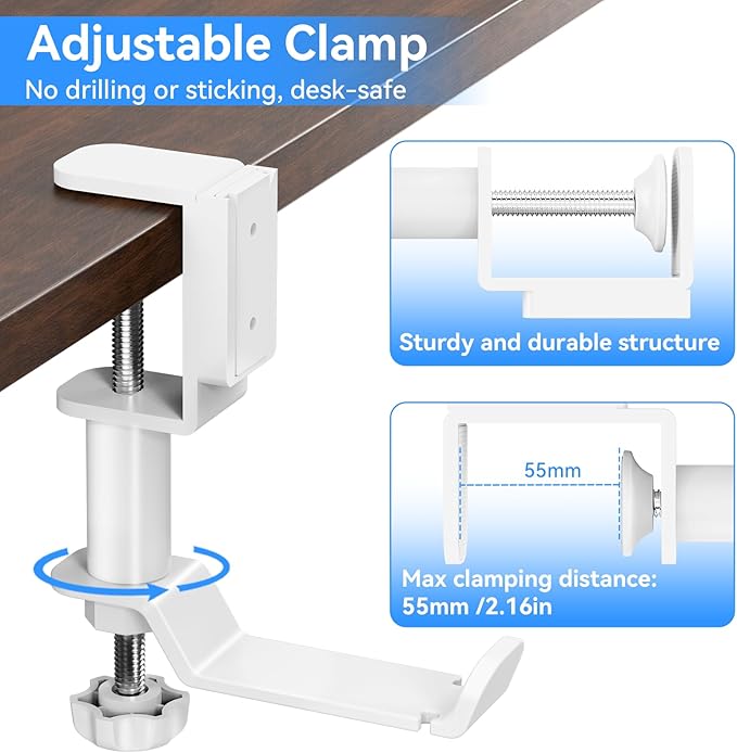Desk Cup Holder Clamp with Headphone Hanger and Storage Tray | Clamp on design, rotating headphone hanger, detachable storage tray, cable holes, fits 5-50mm desks