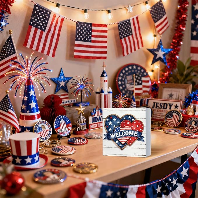 Patriotic Wooden Box Sign,Welcome Heart 4th Of July Signs Home Decor,Independence Memorial Day Block Sign for Desk Shelf Tabletop Decor