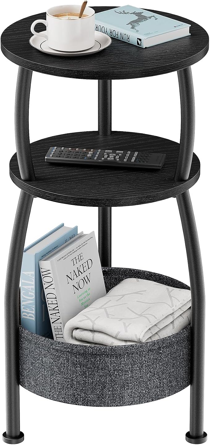 Small Round Side Table for Living Room with Storage Basket –Small Space Saving End Table 3-Tier Accent Nightstand Couch Corner Table for Sofa, Bedroom, Patio and More 24in Tall Classic Black
