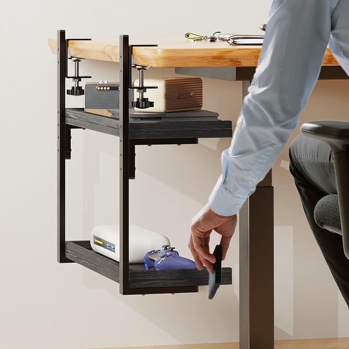 Clamp On Desk Shelf 2-Tier, 16.5 in Wood Shelving Unit for Office Desk/Gaming Accessories, Tabletop Book Storage Rack, Shelf for Top of Desk, Black