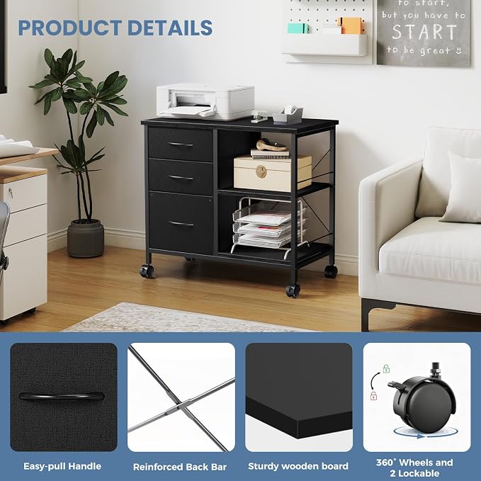 OLIXIS 3-Tier Printer Stand with Fabric Storage Drawer, Rolling Printer Cart with Lockable Wheels and Metal Frame, Under Desk Table with Open Storage Shelf for Small Spaces, Home, Office, Black