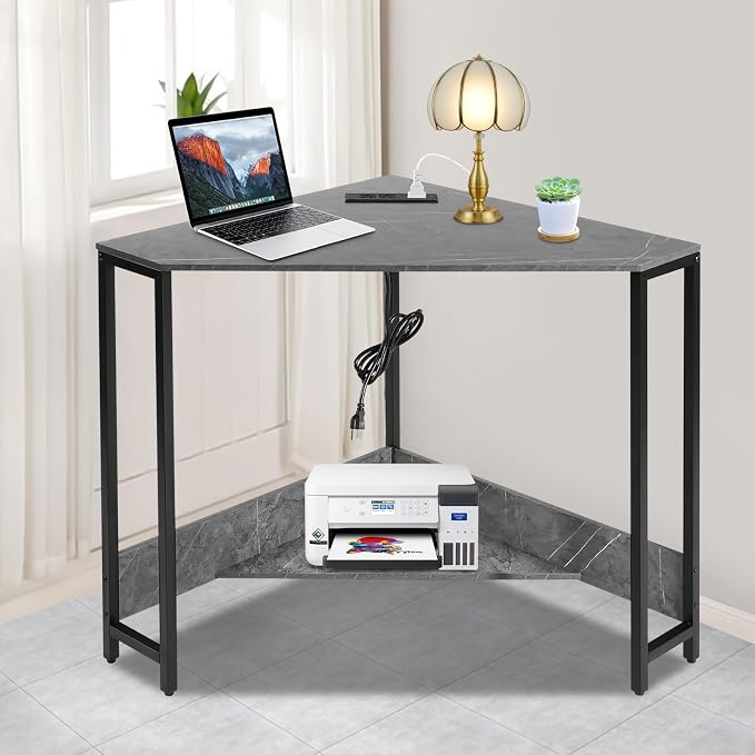 Corner Desk with Outlets and USB Ports, 26.77x26.77x29.53in Triangle Desk with Storage for Home Office, Workstation, Living Room, Bedroom, Small Space (Grey)