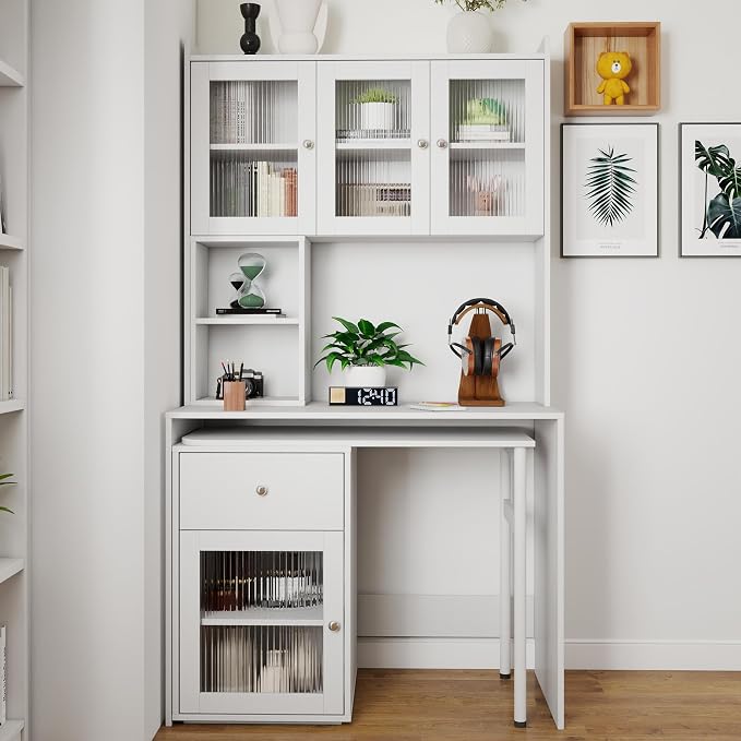 Computer Desk with Hutch and Rotating Desktop, White Corner Study Desk with Glass Door Storage Cabinets and Fold Out Shelf for Home Office, Craft Cabinet with Fold Out Table (White)