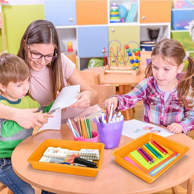 ShineMe 6 Pack Paper Trays for Classroom, Orange Plastic Book Bins with Colorful Labels, Stackable Letter Size Storage Tray, Desk Organizer Tray for Home, School and Office
