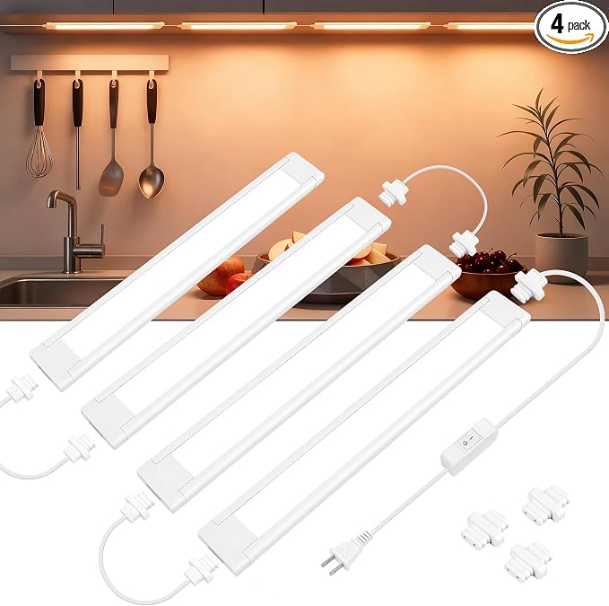 maylit Under Cabinet Lighting Plug in, 4Pcs 14 Inch Linkable Ultra Bright LED Light Bars, Renter Friendly Lamp, Wired 110V 120V Indoor Lights for Kitchen Cabinet, Counter, Workbench, Shelf, Warm White