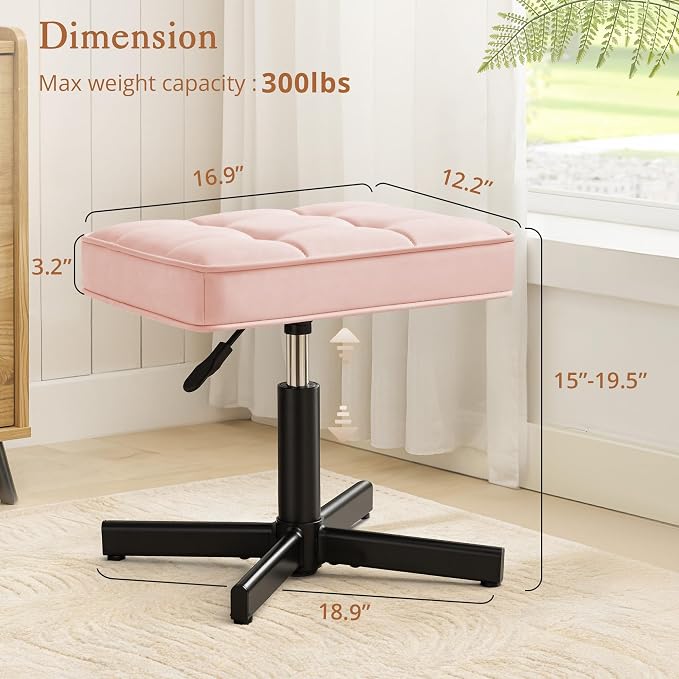 LUE BONA Adjustable Vanity Stool, 15''-19.5'' Foot Rest Under Desk, 360° Swivel Vanity Chair for Makeup Room, Pink Upholstered Faux Leather Ottoman for Bathroom & Living Room, 300lbs
