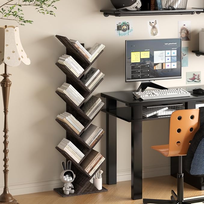 SHEEPAM 10 Tier Tree Book Shelf, Floor Standing Wood Bookshelf for Narrow Space, Storage Organizer Bookshelves for Books/CDs/Magazine, Bookcase with Shelves for Home Office, Living Room - Dark Grey
