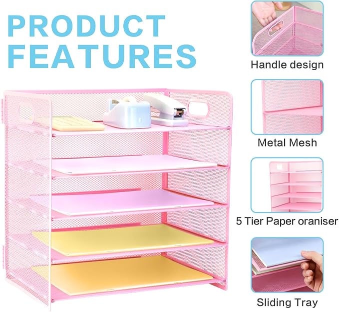 5 Tier Lettrer Tray Organizer with Handle, Metal Mesh Desk File Organizer with Sliding Trays, Paper Sorter Desk for Home Office School, Pink