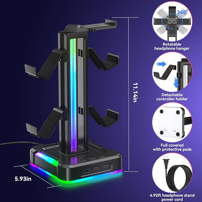 KDD RGB Headphone and Controller Stand with 2 Type-C and 1 USB Ports - Headset Stand with 9 Light Modes - Controller Headset Holder for Desk - Gaming headphone Holder for Gift and PC Room Accessories