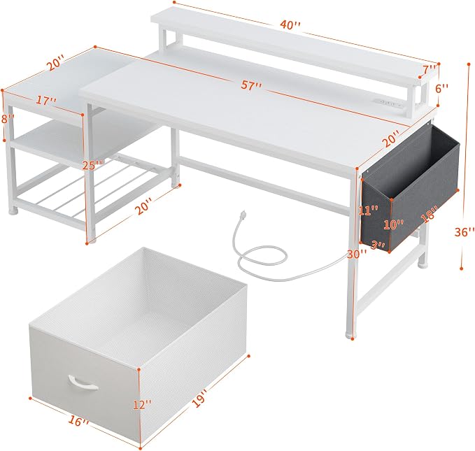 EnHomee 56.5" Office Desk with Drawers and Printer Space,Computer Desk with Power Outlets,Home Office Desks with File Drawers Cabinet,Study Writing and Gaming Desk with Shelves Monitor Stand,White
