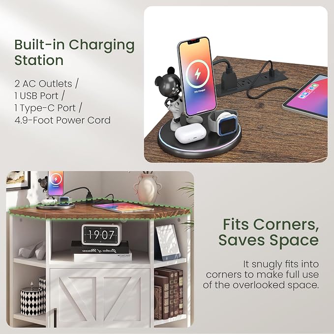 CHOEZON Corner Cabinet with Charging Station, Farmhouse Corner Bookshelf, Corner Storage Cabinet with Adjustable Shelf, for Living Room, Bedroom, Kitchen, Bathroom, White and Walnut MCW26UWL