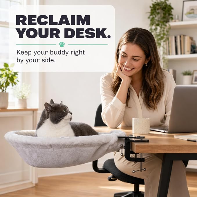 XL Desk Hammock for Cats | Adjustable Clamp On Cat Bed | Soft Faux Fur Elevated Cat Perch with Steel Frame | Space Saving Under Desk Lounge | Supports Cats Up to 70 lbs