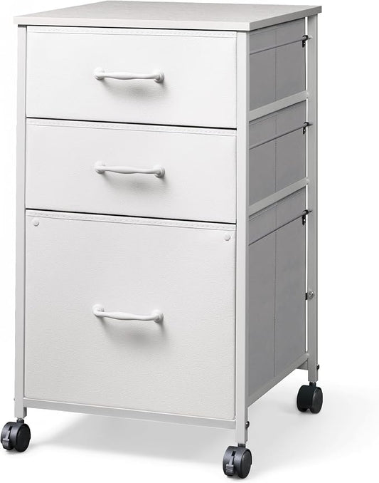 DEVAISE Mobile File Cabinet, Rolling Printer Stand with 3 Drawers, Fabric Vertical Filing Cabinet fits A4 or Letter Size for Home Office, White