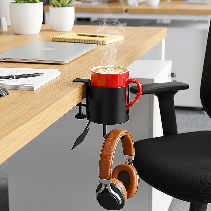 MYITYARD 3 in 1 Desk Cup Holder Clamp, Clip On Table Cup Holder with Headphone Hook & Power Strip Holder, Rotatable Water Bottle Drink Coffee Mug Organizer, Gaming Accessories for Home and Office