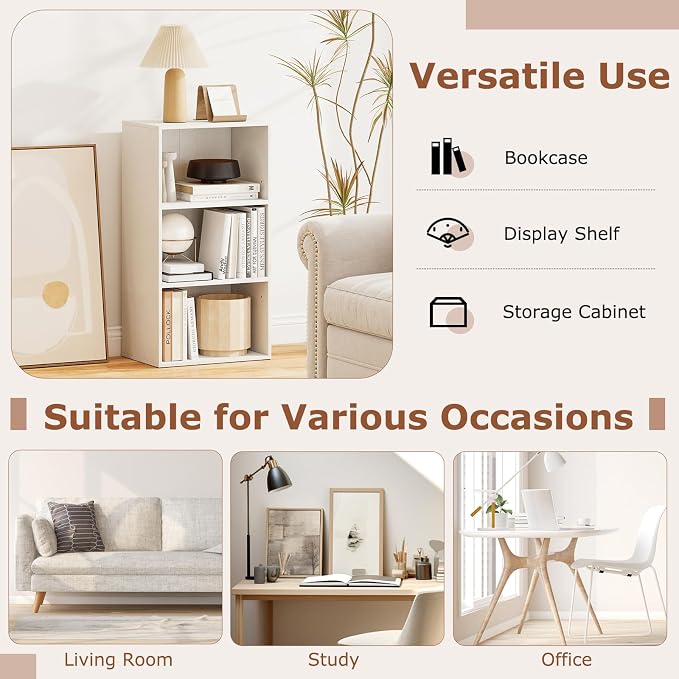 3 Shelf Bookshelf, 31.5” Small Bookcase with 2 Adjustable Shelves, Wooden Bookshelves and Bookcases, Modern Display Shelf, 3 Cube Storage Organizer for Home Office Bedroom (White)