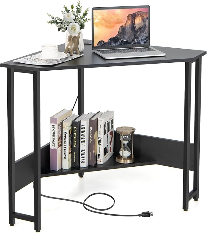 Tangkula Corner Desk with Power Outlet & USB Ports, Triangle Computer Desk with Charging Station, Storage Shelf, Space Saving Writing Desk, Vanity Table, Corner Desk for Small Space (Black)