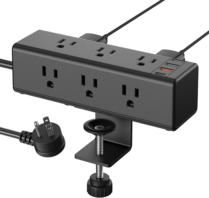 CCCEI Desk Clamp Power Strip with 9 Outlets, Desktop Edge Mount Surge Protector with USB-A and 65W USB-C Ports, Widely Spaced Desk Outlet Fast Charging Station, 6 FT Flat Plug, Fit 1.6 inch Table.