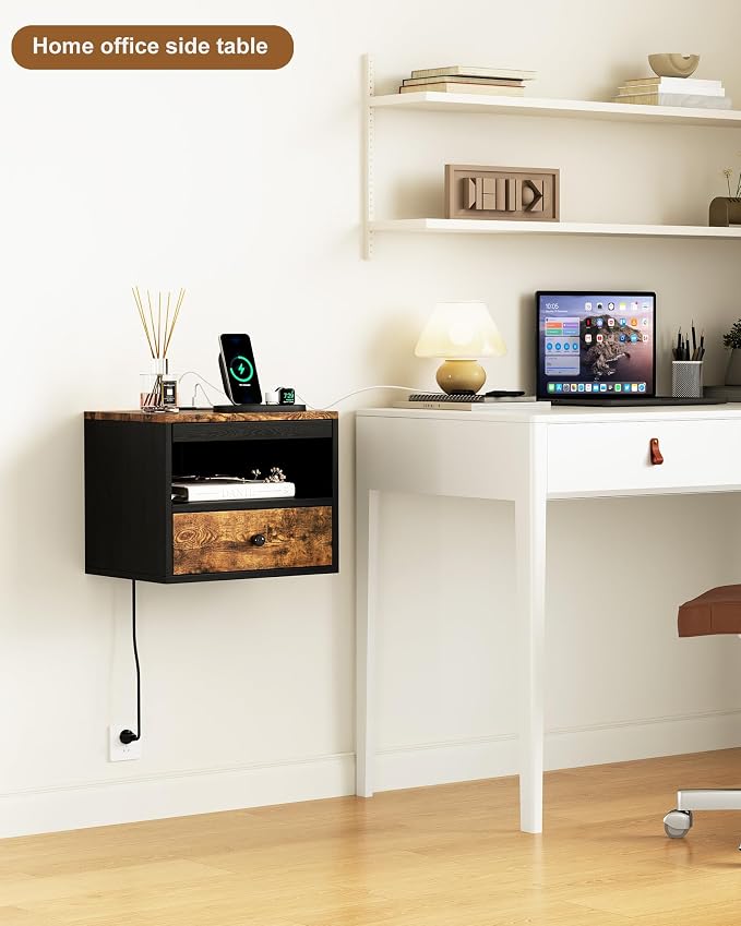 Floating Nightstand with Charging Station,Modern Bedside Table with Drawers and Extension Panel, Small Wall Mounted Nightstands for Bedroom Room，Floating Sofa Side Table（ Rustic Brown