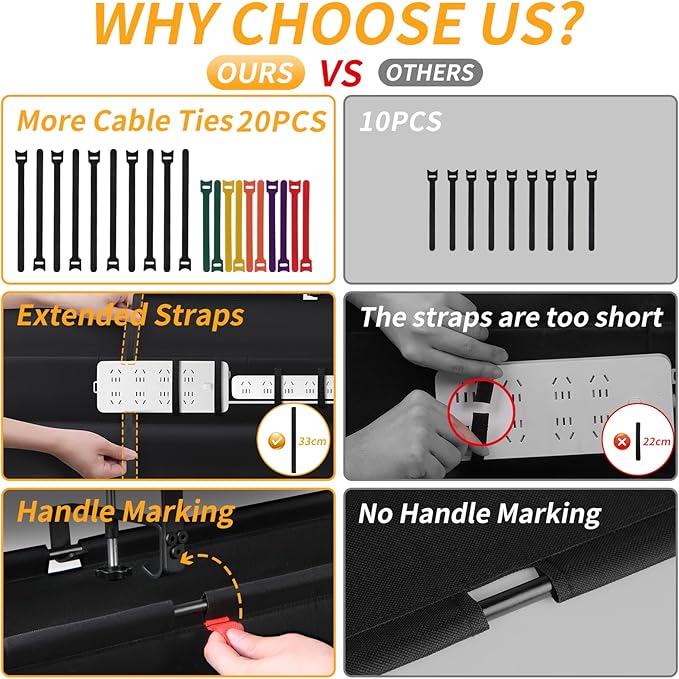 48" Under Desk Cable Management Tray, No Drill Desk Cable Management Wire Standing Desk Cord Organizer Clamp/Screw Mount, Cord Management Tray Black Fabric Desk Organizer for Home Office