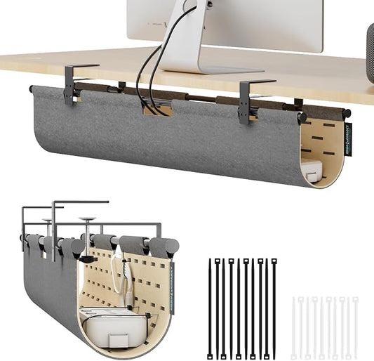 No Drill Under Desk Cable Management Tray, 30" Felt Cord Organizer for Table, Clamp/Screw Mount Wire Management with Privacy Panel for Standing Desk & Home Office (Gray/Khaki)