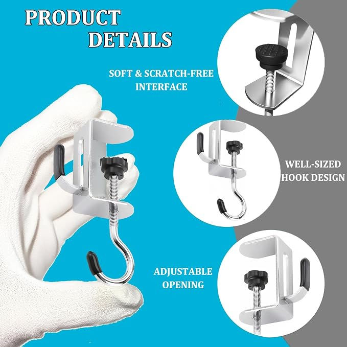 Purse Hook for Table, 6 Pcs Adjustable Stainless Steel Clamp-On Desks Hanger for Office, Home, Dorm, Dining Table, Portable Desk Organizer for Hanging Bags, Backpack, Headphone Storage