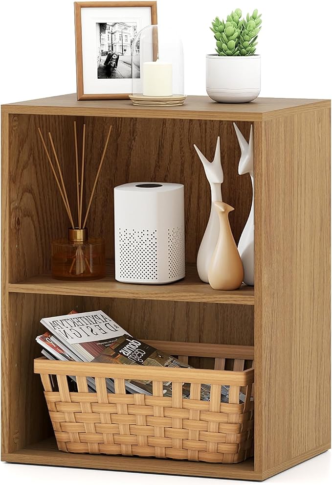 2 Cube Storage Organizer, 21" Small Bookcase with 5-Position Adjustable Panel, Under Desk Bookshelf, Modern Display Shelf, Wooden Cube Shelf for Home Office Bedroom (Natural)