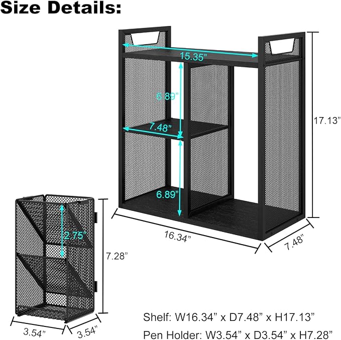 PAG Desktop Shelf Freestanding Bookshelf with Pencil Holder, Office Supplies Organizers and Accessories Storage Display Rack, Black