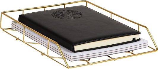 Mind Reader Gold Geometric Paper Tray, Modern Organizer for Documents, Folders, and Office Supplies, Durable and Stylish, Metal, Gold