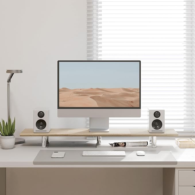 Fenge 39.4 Inch Dual Monitor Stand, Height Adjustable Monitor Riser Stand for Desk, Wooden & Steel Monitor Shelf for 2 Computers up to 99lbs, Stable Desk Organizer for PC Laptop TV, Oak