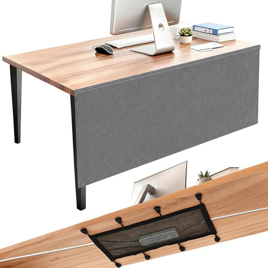 Tegeme 48'' Under Desk Privacy Panel with Cable Management Net Desk Skirt Self Adhesive Modesty Panel with Cord Organizer Pockets for Office Home Standing Workstation(Gray)