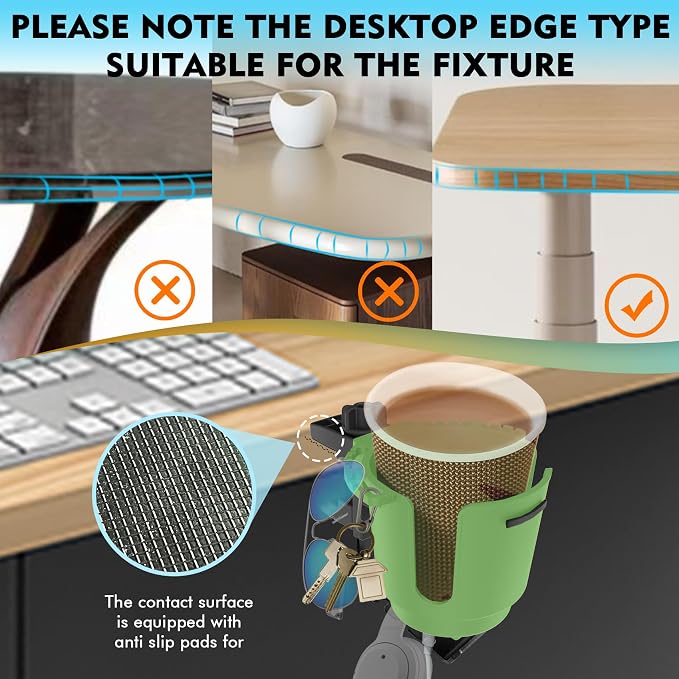 Desk Cup Holder with Headphone Hanger, Clip on Cup Holders for Desks with Spill-Proof Cup Design, Easy to Install, Enough to Hold 8-28OZ Coffee Cups, Water Bottles. (Green, Large)