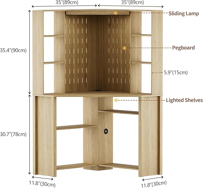 Corner Desk with Shelves-&LED Reading Light,Triangle Home Office Desk w/Charging Station for Work & Study,File Cabinet Storage Bookshelf for Small Space （Natural Wood）